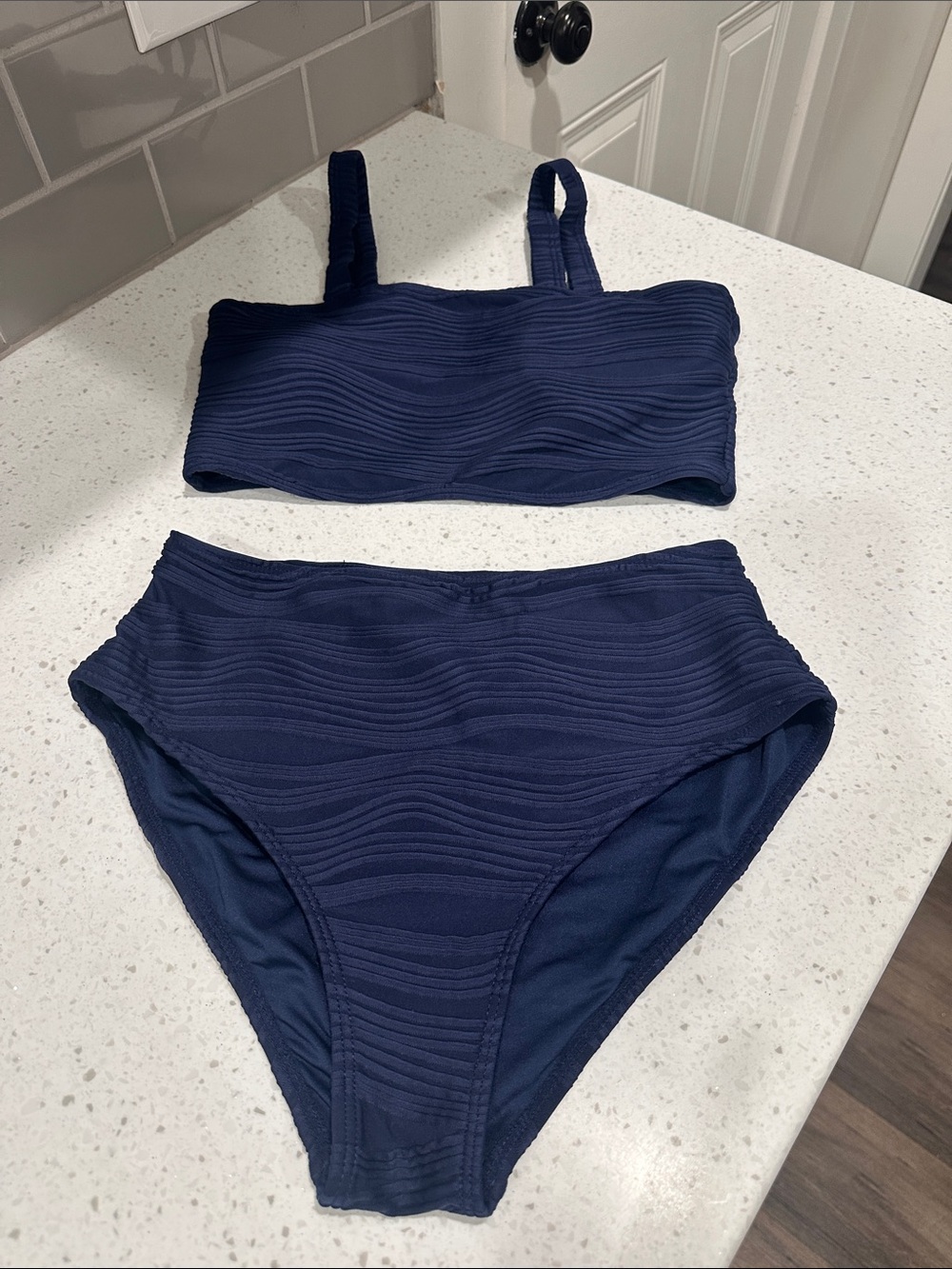 Navy Textured High-Waist Bikini Set
